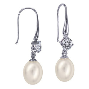 Silver Oval Freshwater Cultured Pearl & Cubic Zirconia Earrings - Karlen Designs 