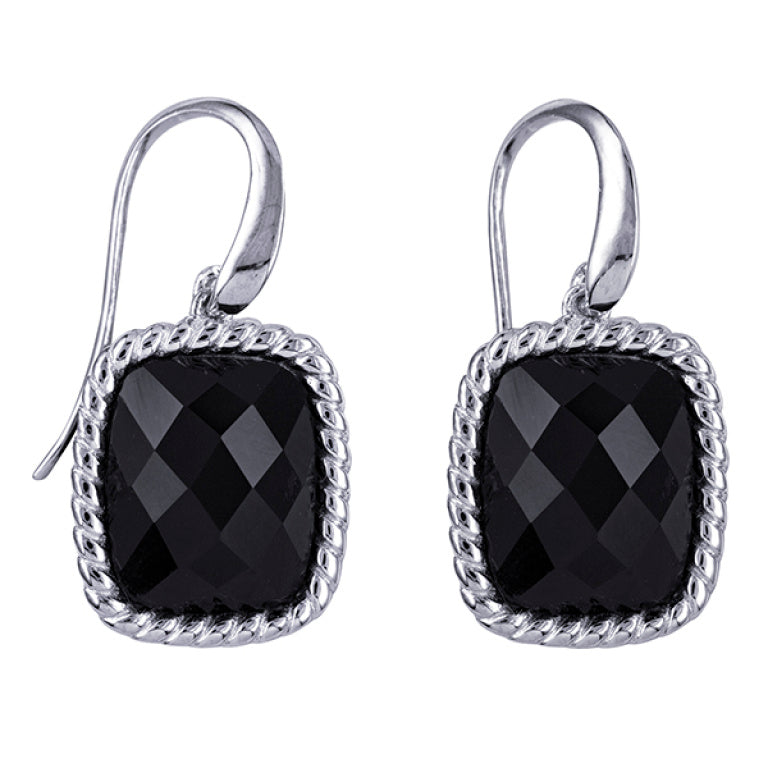 Silver Cushion Cut Black Onyx Earrings