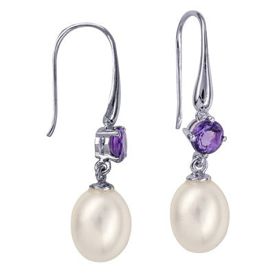 Silver Oval Freshwater Cultured Pearl & Amethyst Earrings - Karlen Designs 