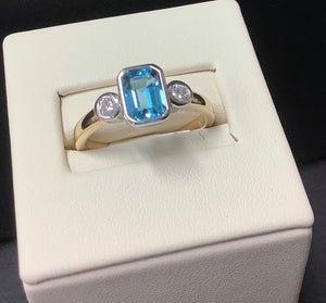 9ct Gold emerald cut Blue Topaz and Diamond Ring - Karlen Designs 